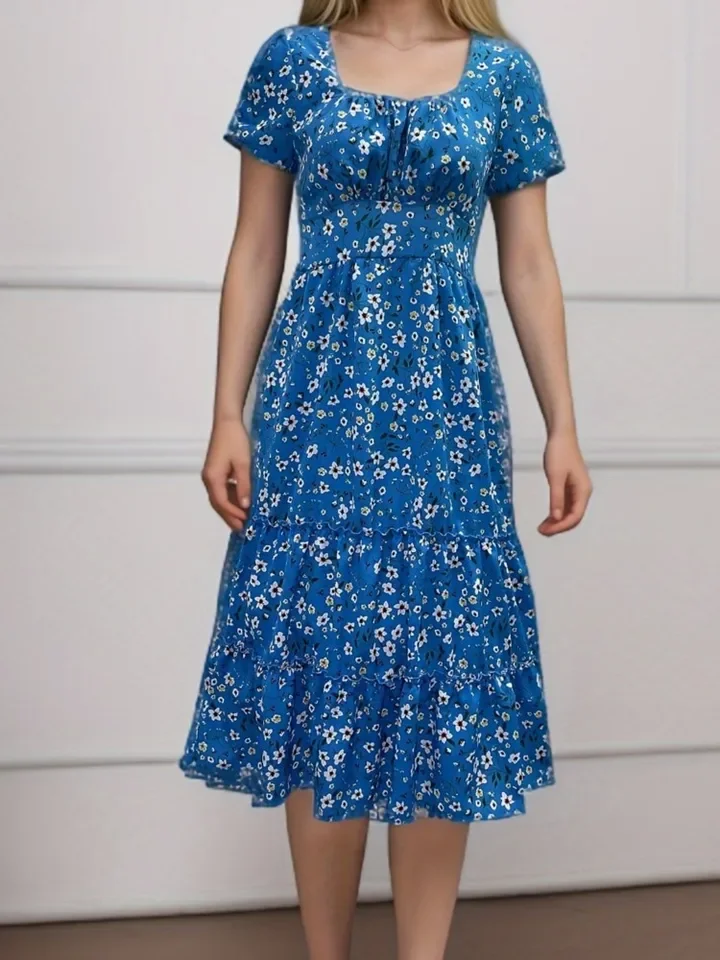 Women's Print Dress Fashion Boho Holiday Beach Dresses Lady Casual Short Sleeve Square Collar Long Dresses For Women Summer New