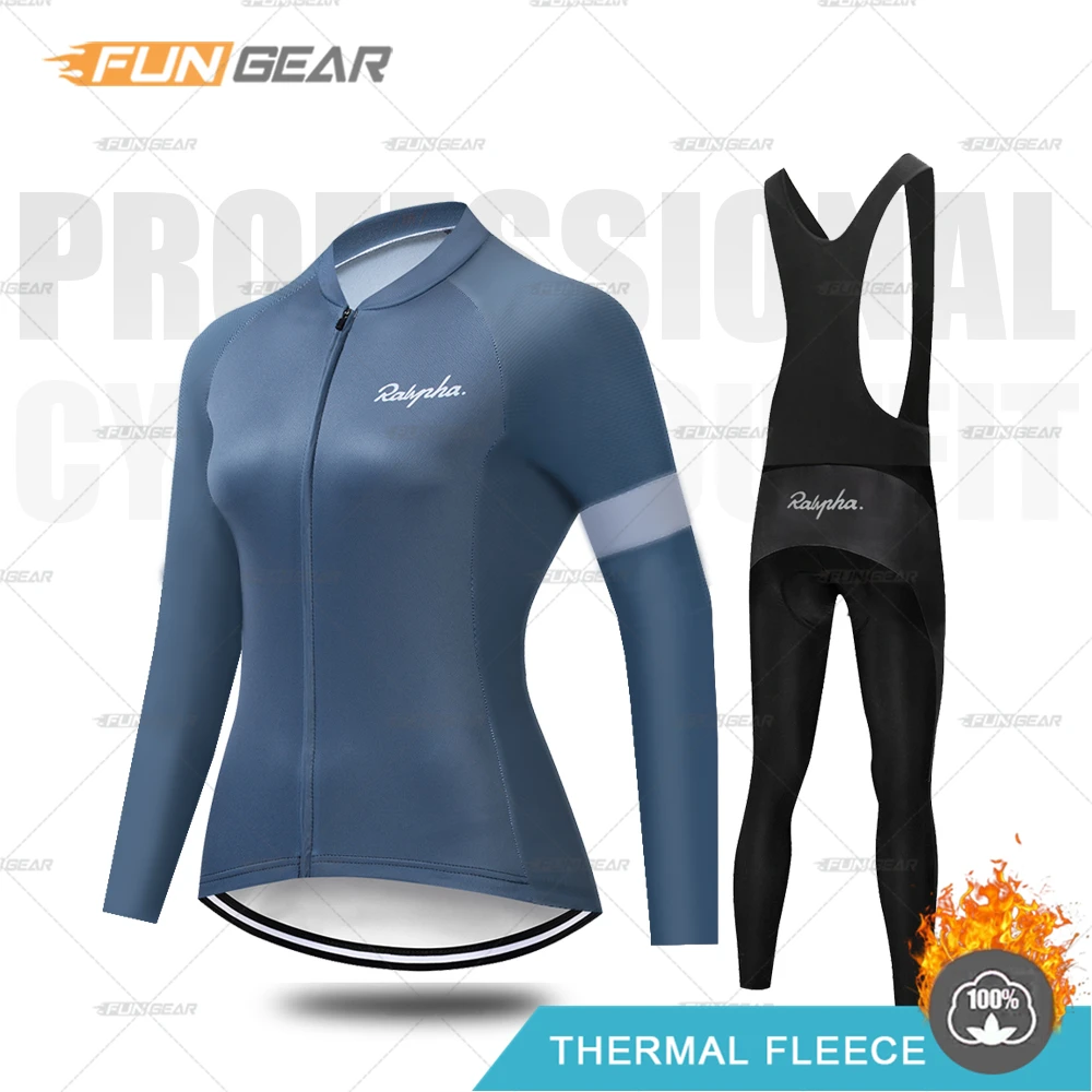 Thermal Fleece Cycling Clothing Set for Women, Long Sleeve Jersey Set, Warm Jacket, Road Bike, Bib Pants, Lady Clothes, Winter F