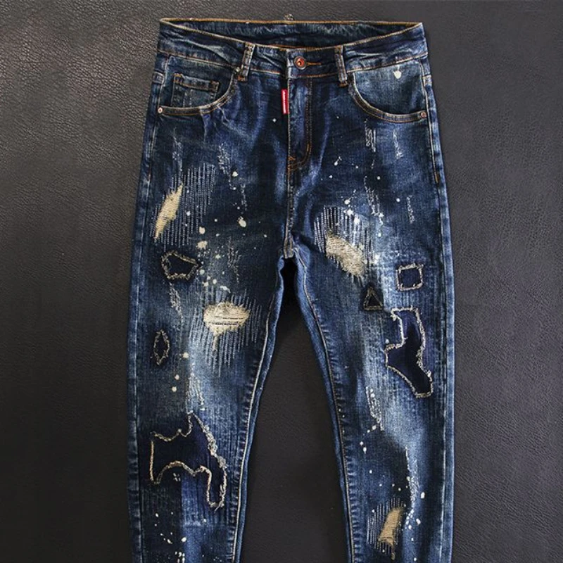 Jeans for Men Cropped Ripped Tapered Male Cowboy Pants with Holes Trousers Broken Torn 90s Streetwear Clothes Y2k 2000s Casual