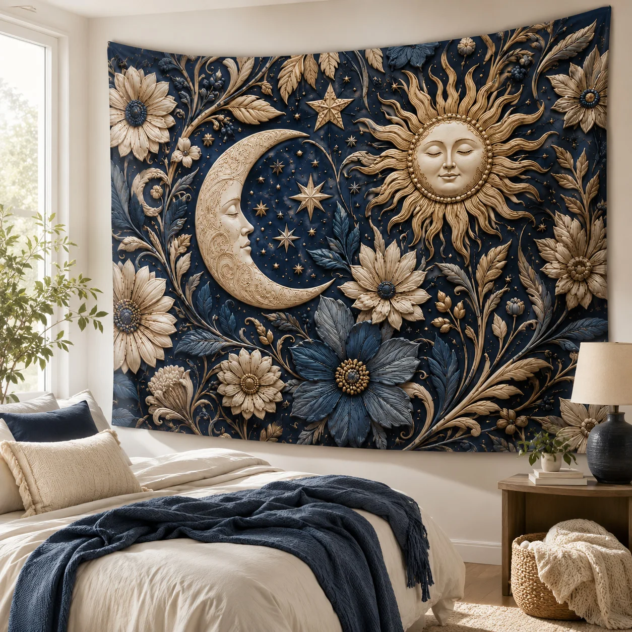 Navy Blue Sun Moon Tapestry Wall Hanging Celestial Floral Boho Wall Art for Bedroom Dorm Living Room