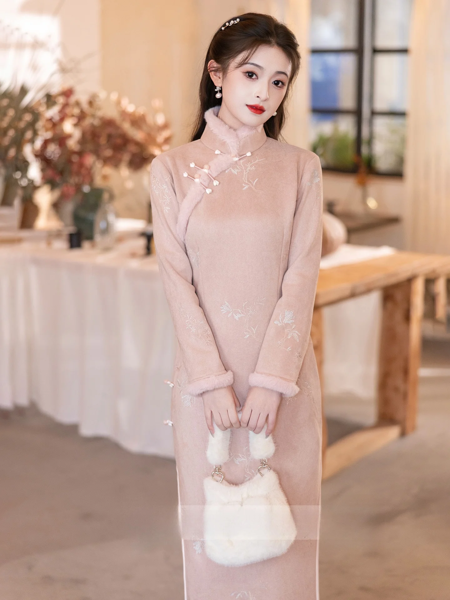 

Pink Embroidered Fro Coat Sle Dr Thiened Younger Version Winter Warm Long Sve Chinese National Sle Women's Clot...