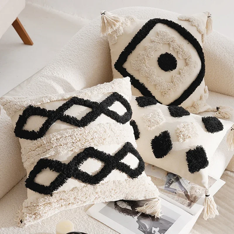 

Boho Geometric Tufted Cushion Cover Beige Black Patchwork Fringed Pillowcase Decorative Cushions for Sofa Home Living Room