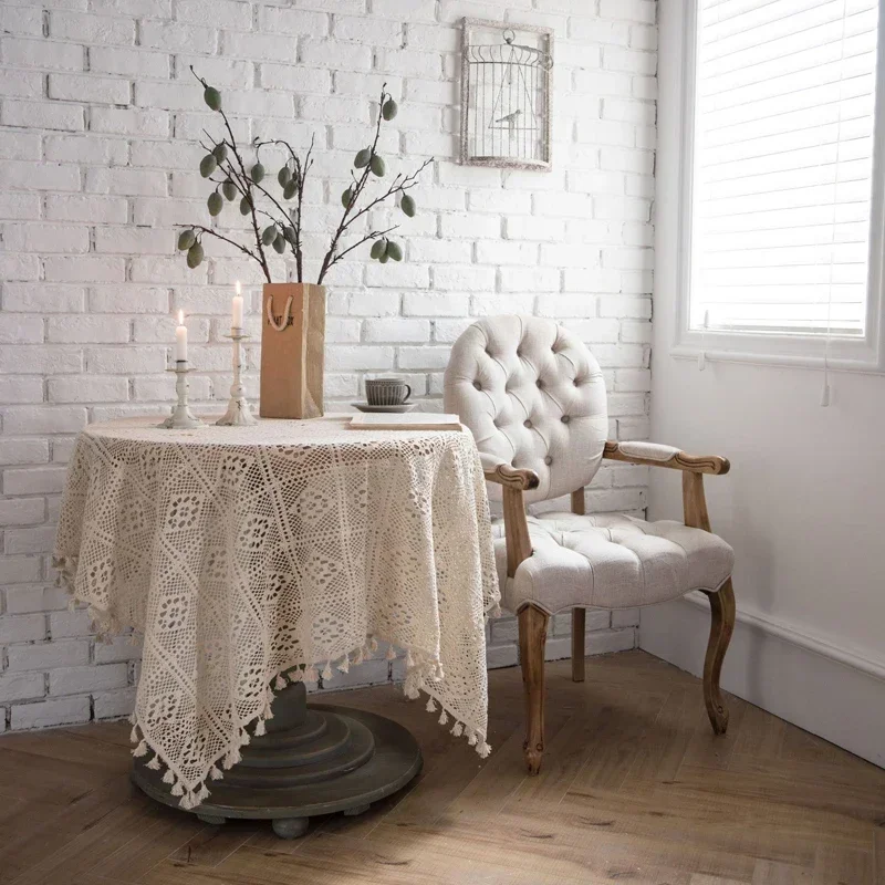 

Bohemia Vintage Decorative Table Cloth Cover Rectangular Hollow Lace Crochet Woven Beige Tablecloth Tea Table Dining Table Cloth