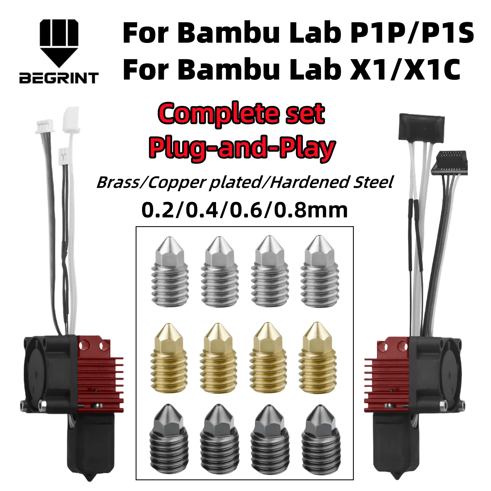 Complete Hotend Assembly Hotend For Bambu Lab X1 X1C P1P P1S with Fan Upgrade 2.0 with Nozzle Complete Bamboo Lab X1 Carbon