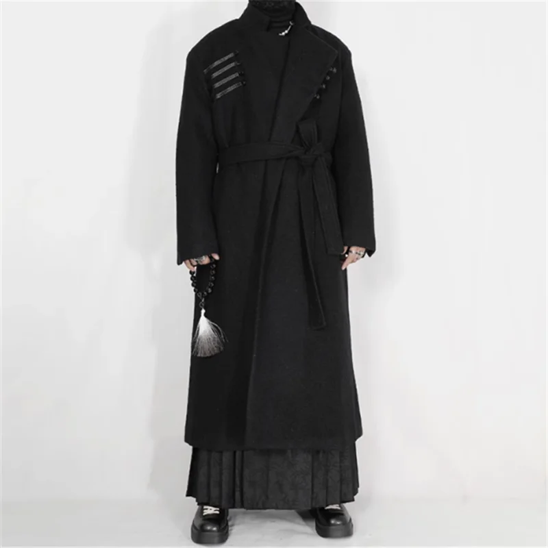 

2024 Original men's woolen coat long coat autumn and winter heavy new Chinese niche design disc buckle large size coat