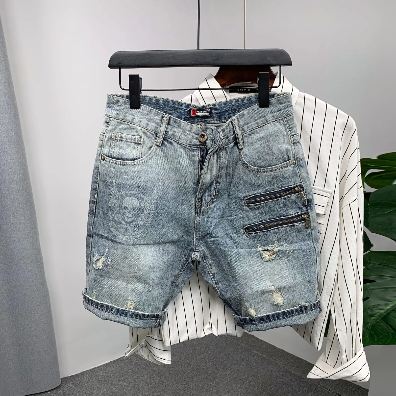 Blue Trendy Zipper Splice Slim Fit Jeans Shorts Men's Youth Summer New Style Fourths Pants Fashionable Wear Resistant