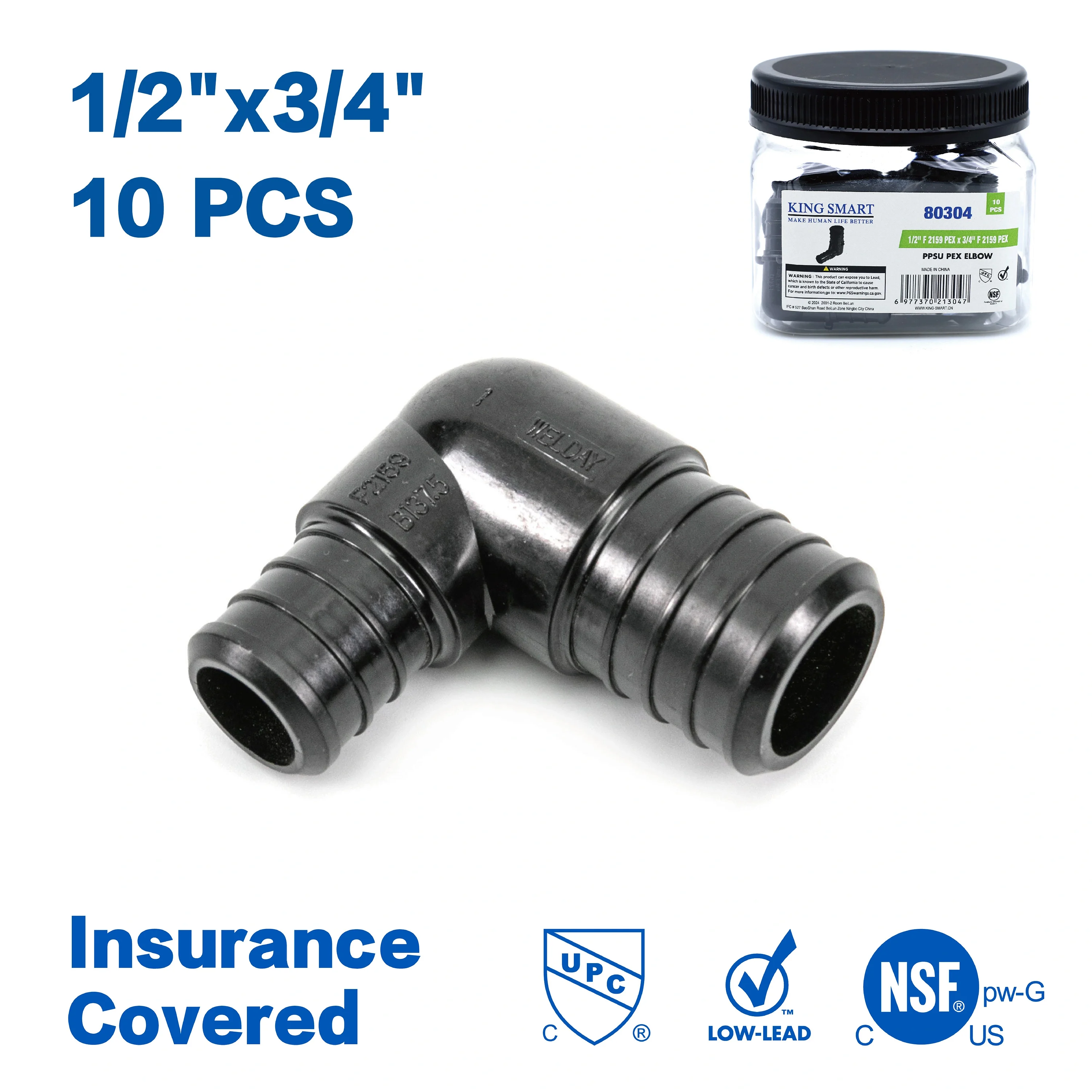 

KING SMART Обжимное колено 1/2 дюйма * 3/4 дюйма PEX; 10 шт./корпус; PPSU; 80304