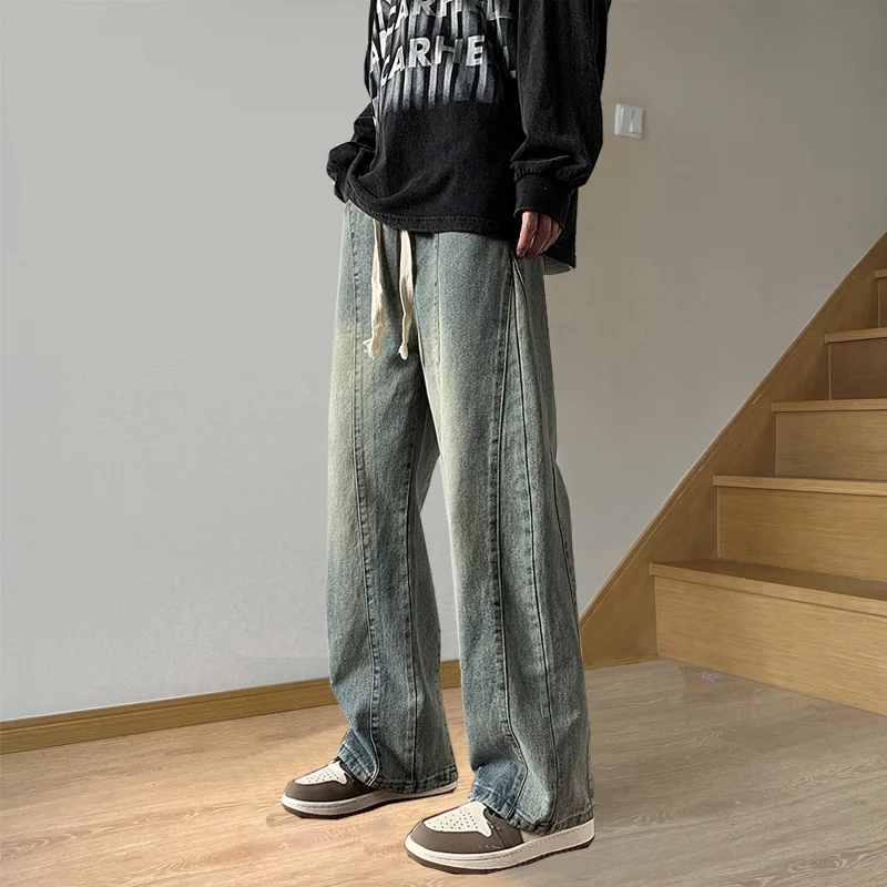 

Washed Vintage High Street Vibe Men's Jeans Drawstring Straight Leg Cotton Denim Hip Hop Trousers Youth Fashion Spring Autumn