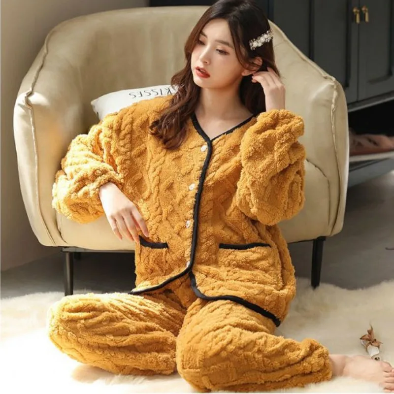 2023 New Winter Pajamas Female Coral Fleece Cardigan Loungewear Simple Solid Color Thick Warm Suit Jacquard Plush Warm Homewear