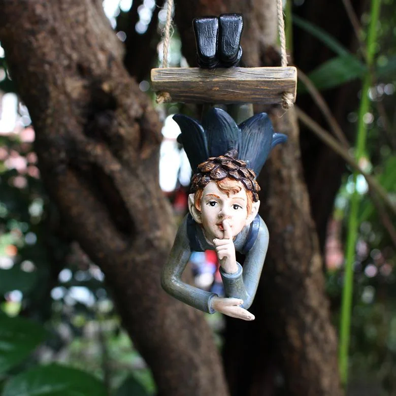 

New Garden Decoration Outdoor Hanging Statue Fairy Garden Elf Boy Swinging Sculpture Resin Figurine Tree Ornament for Home