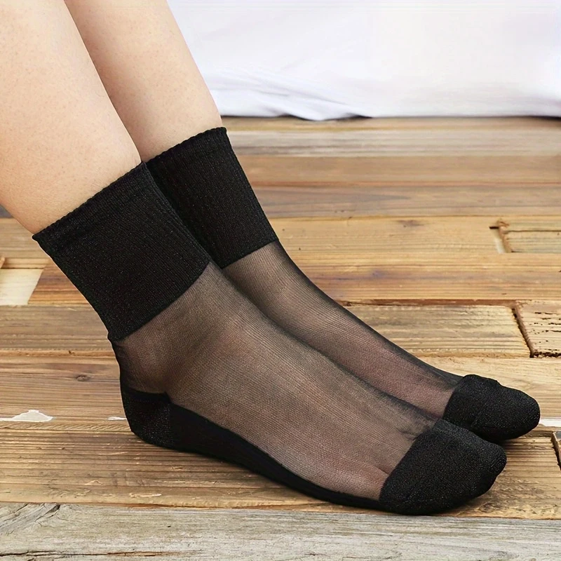 1/2/3/4/5Pairs Black Shiny Detail Socks, Colorblock Sheer Mesh Mid Tube Socks, Women's Stockings & Hosier