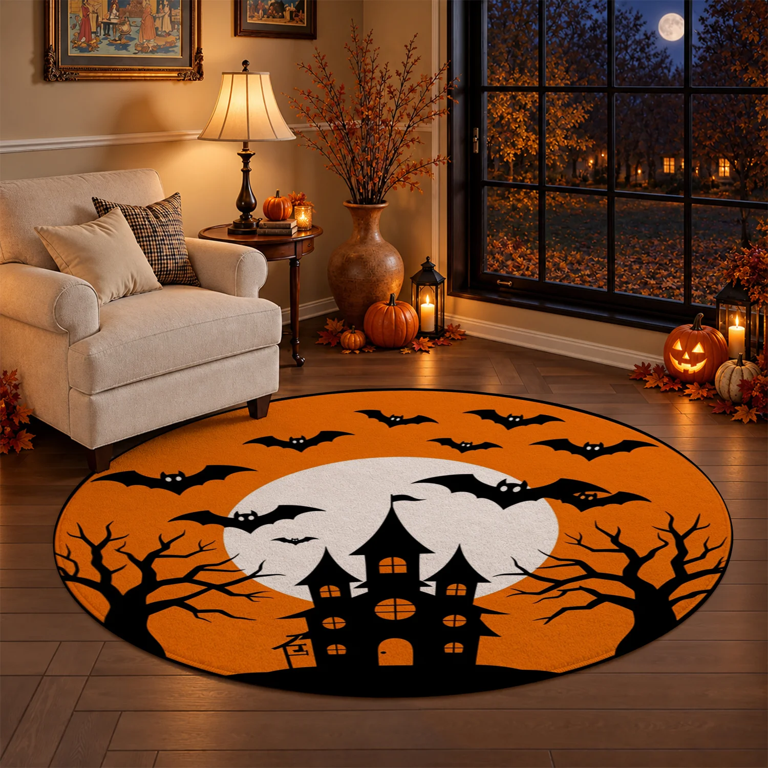 Halloween Haunted House Bat Moon Pattern Round Velvet Rug, Machine Washable Soft Floor Mat for Living Room Bedroom Entryway Dining Area, Perfect for Halloween Thanksgiving Christmas New Year Festive Home Decor