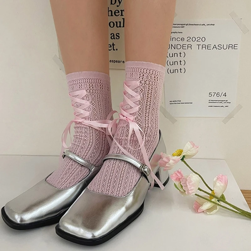 Women Hollowed Out Lace Middle Tube Calf Socks with Ribbon Bowknot