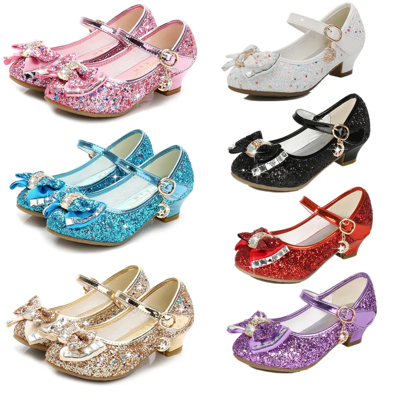 

Girl Princess Leather Shoes Butterfly Knot High Heel Glitter Crystal Sandals Children Cosplay Shoes Kid Dance Performance Shoes