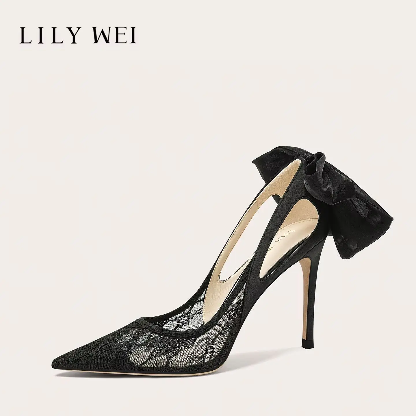 Spring/Summer New Pointed Shallow Bow Lace Mesh Fine Heel Sandals Banquet Large Size Small Size Widening High Heel Women's Shoes