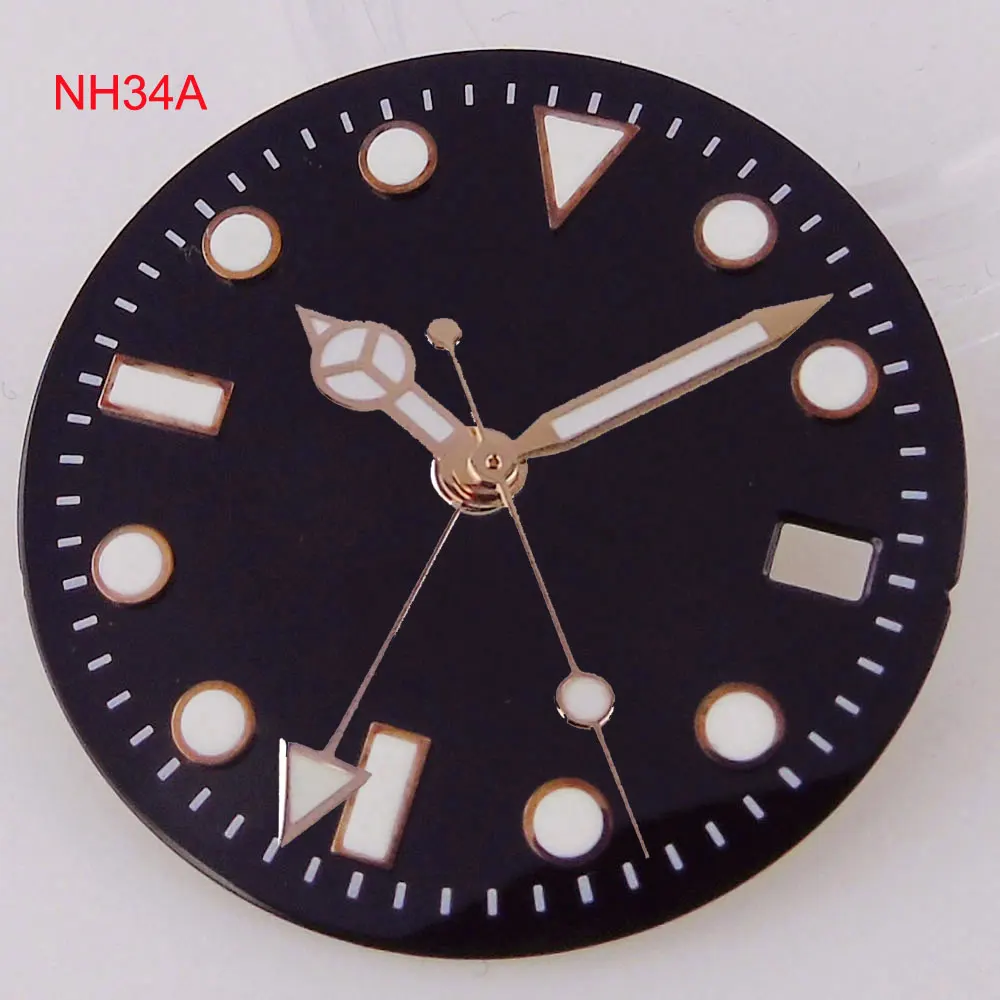 Luminous Black 29mm Watch Dial Face Rose Gold Edge fit NH34A NH34 GMT Automatic Movement Mens Watch Accessories