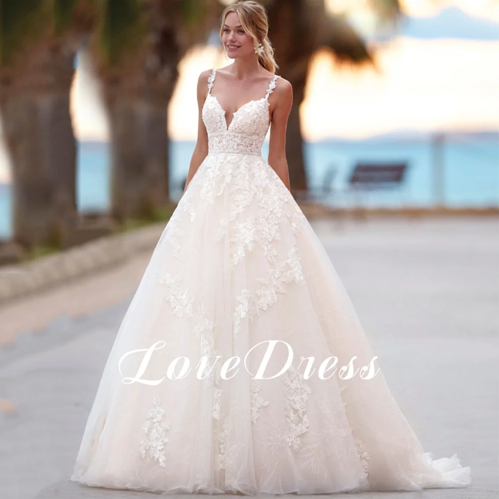 Lovefur s-Robe de mariée princesse à col en V, bretelles spaghetti, appliques en dentelle, robe de Rhdos nu pour la mariée