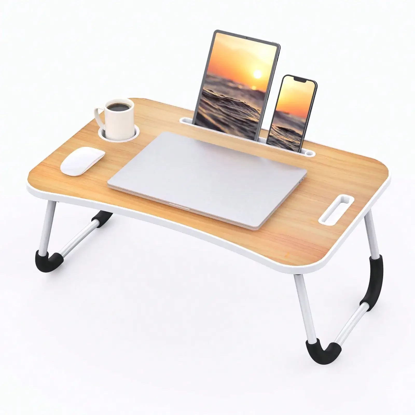 Folding Lap Desk, 23 Inch Portable Wood Black Laptop Bed Desk Lap Desk With Cup Holder, For Working Reading Writing, Eating, Wat