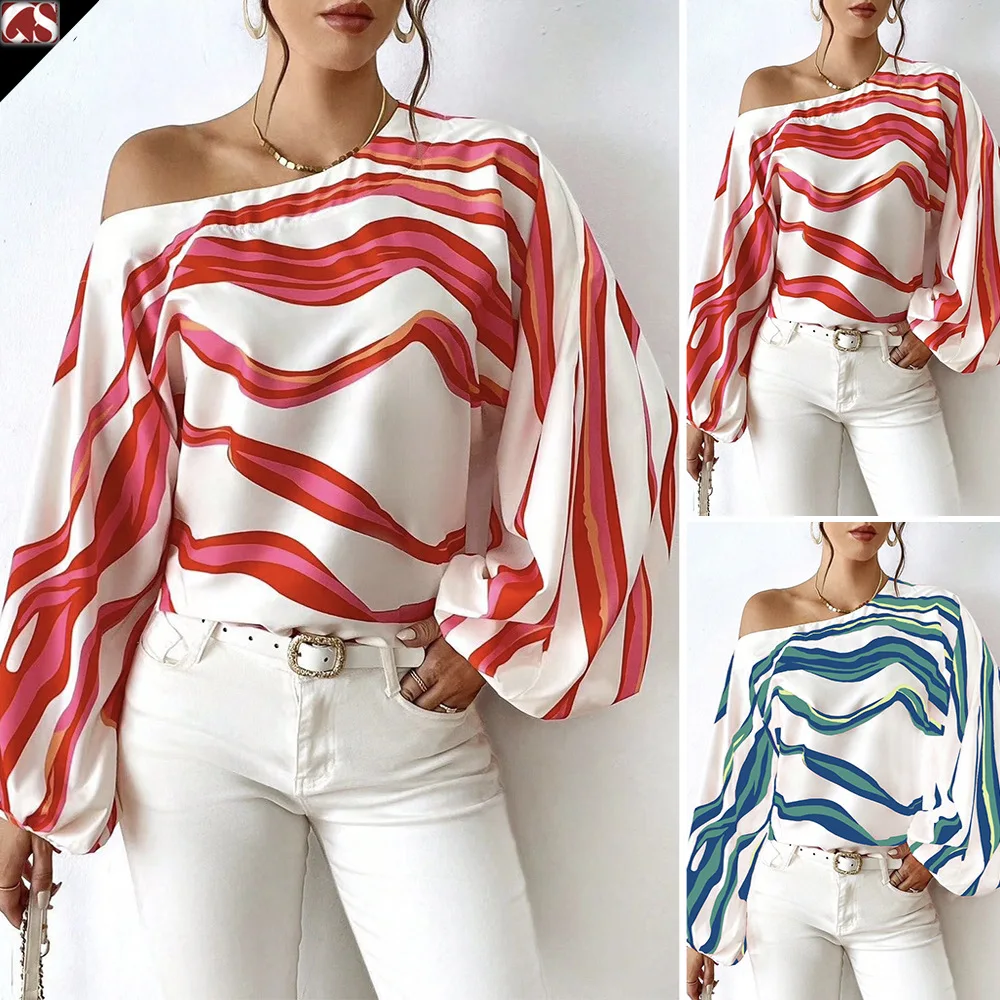 

OL Temperament Off Shoulder One Collar Printed Loose Women's Shirt Women One Shoulder Long Puff Sleeve Stripesd Print Blouse Top