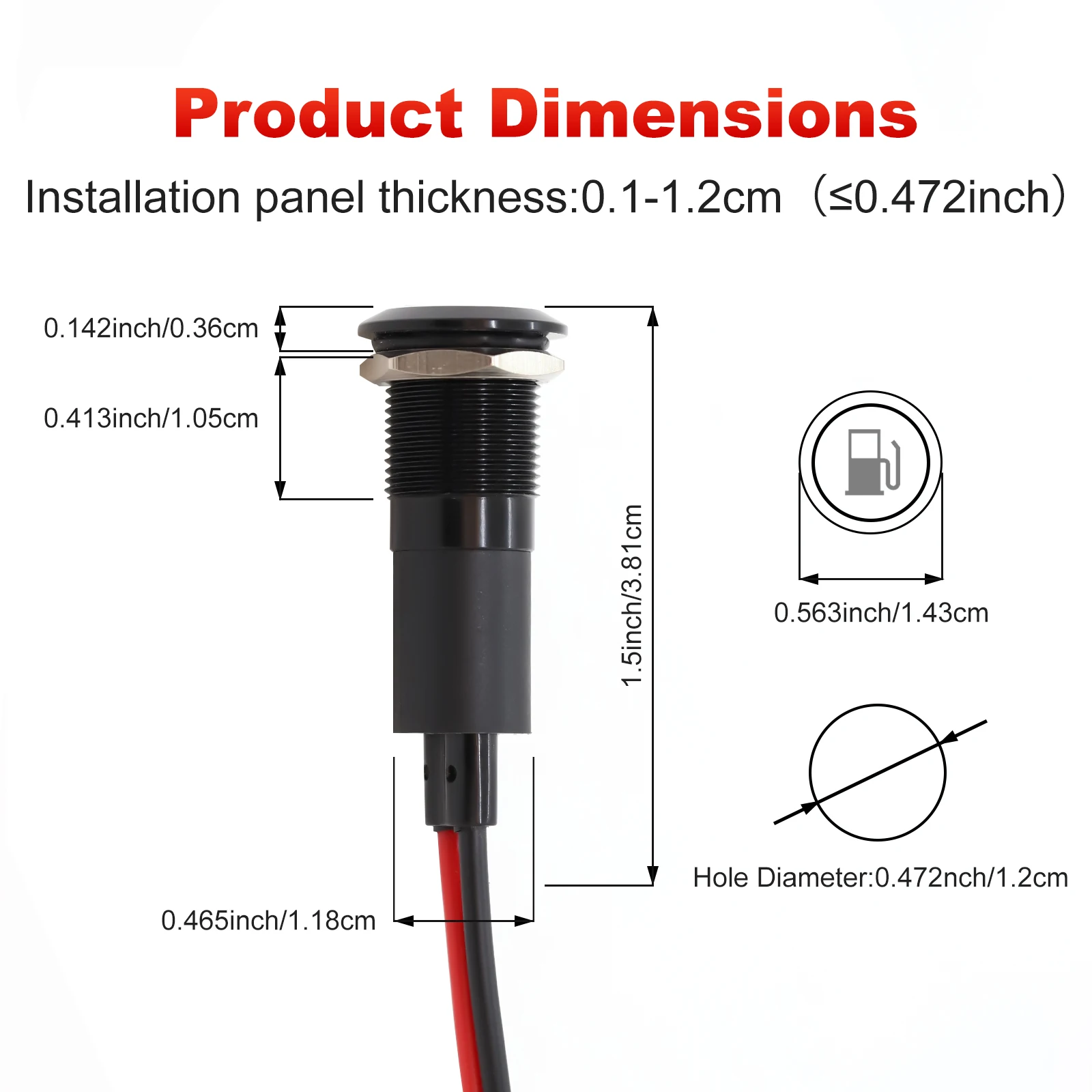 FILN 12mm Car Dashboard  Battery Symbol Led Red Yellow White Blue Green 12v Led Indicator Light with 20cm Cable