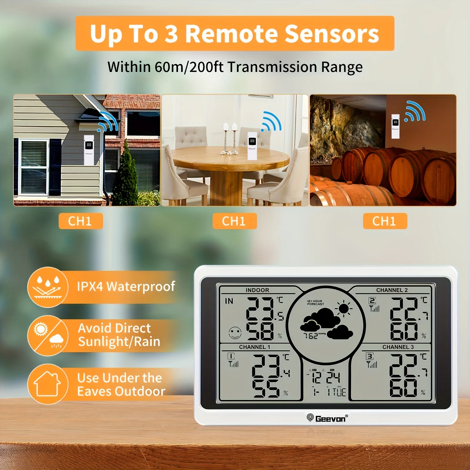 Geevon termometro per interni ed esterni Wireless con 3 sensori remoti, stazione meteorologica con ampio Display LCD e adesivi per etichette fai da