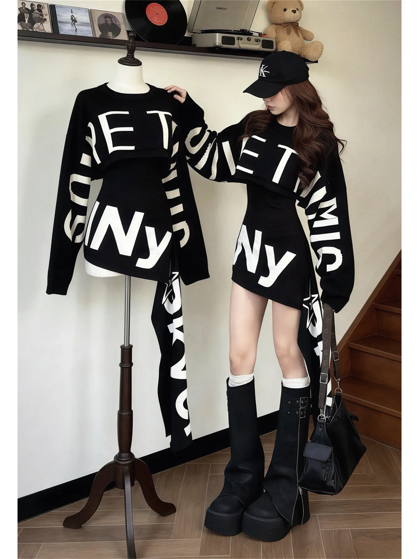 

Casual Sle Long Sve Bla Letter Print Knitted Top And Skirt Slimming Two Piece Set for Women Spring Season Faionable ...