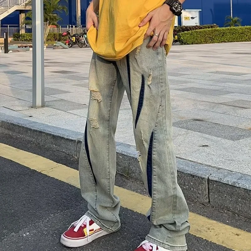 

Autumn Winter plus Size Men's Jeans Distred Straight Leg Denim Pants Yellow Mud Color High Street Torn Hole Design