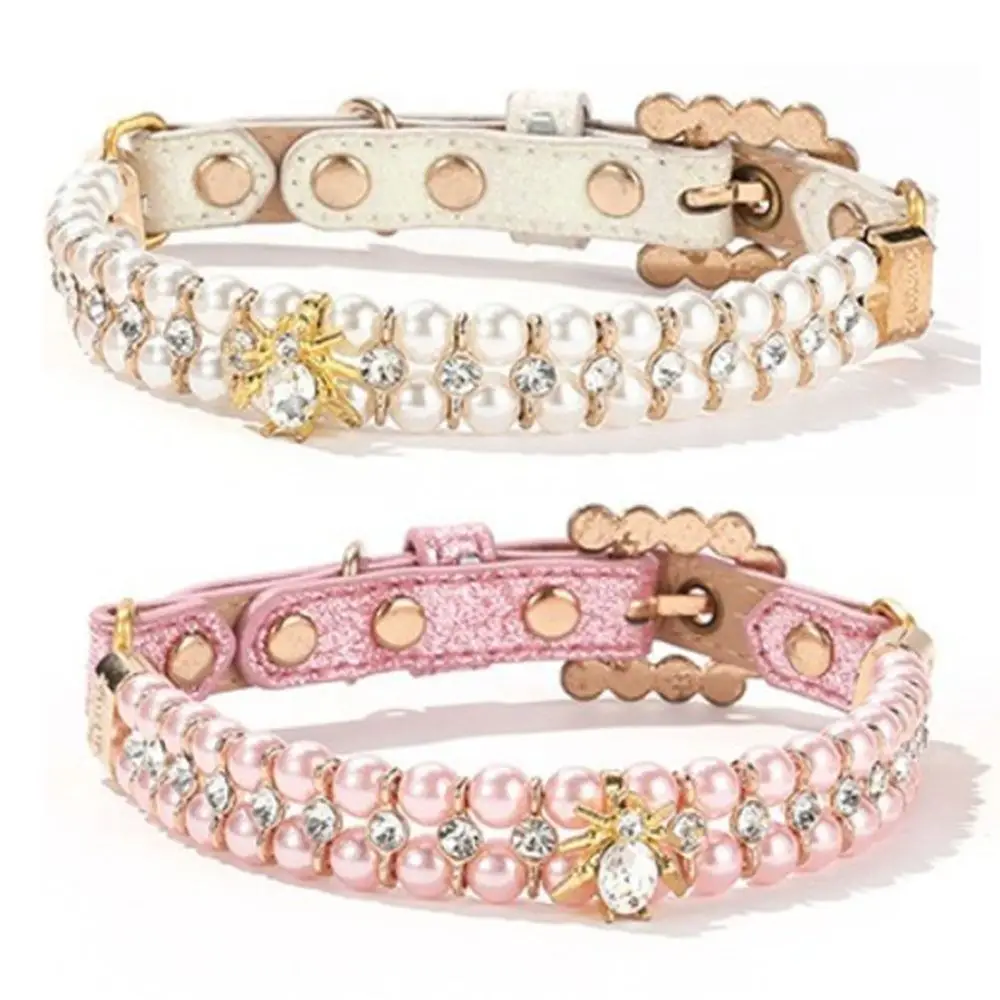 

Adjustable Dog Cat Pearl Collars Rhinestone Bling Crystal Cat Necklace Luxury Jewelry PU Neck Strap for Small Dogs for Kitten