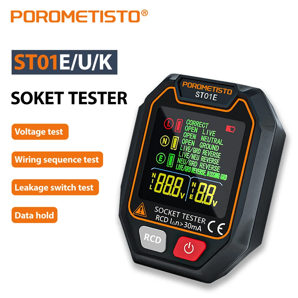 ST01 Digital Socket Tester Pro Voltage Test RCD 30mA Socket Detector US/UK/EU Plug Ground Zero Line Plug Polarity Phase Check