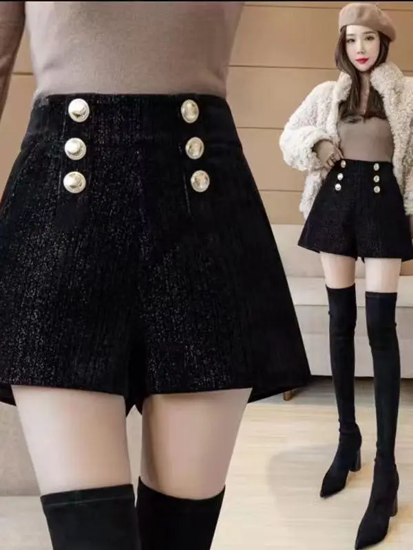 Spodnie damskie z cekinami, z wysokim stanem, rozkloszowane, z szerokimi nogawkami, do botków, jesienno-zimowe, nowe, eleganckie, z podwójnymi guzikami, w stylu koreańskim.