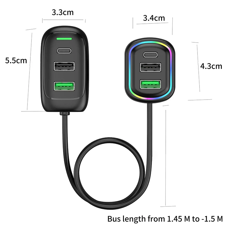 Cargador de coche de extensión delantera y trasera USB tipo C de 6 puertos con luz RGB PD adaptador de corriente de carga rápida para Iphone Tablet Laptop