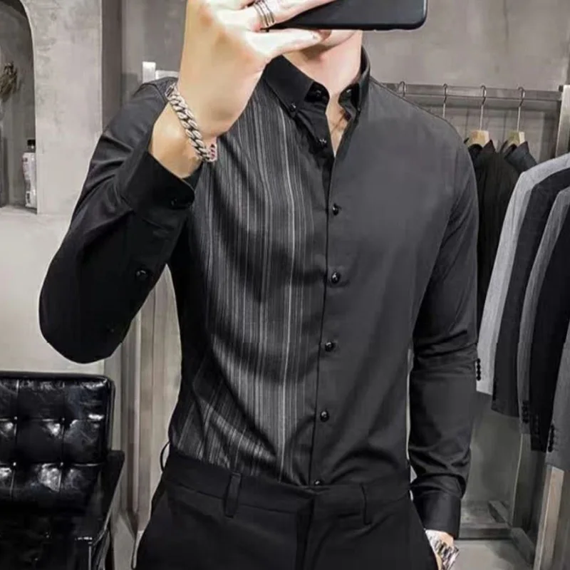 Camisa masculina assimétrica solta de botões estampados, tops casuais extragrandes, camisas listradas, moda coreana, roupa de outono, nova, 2023