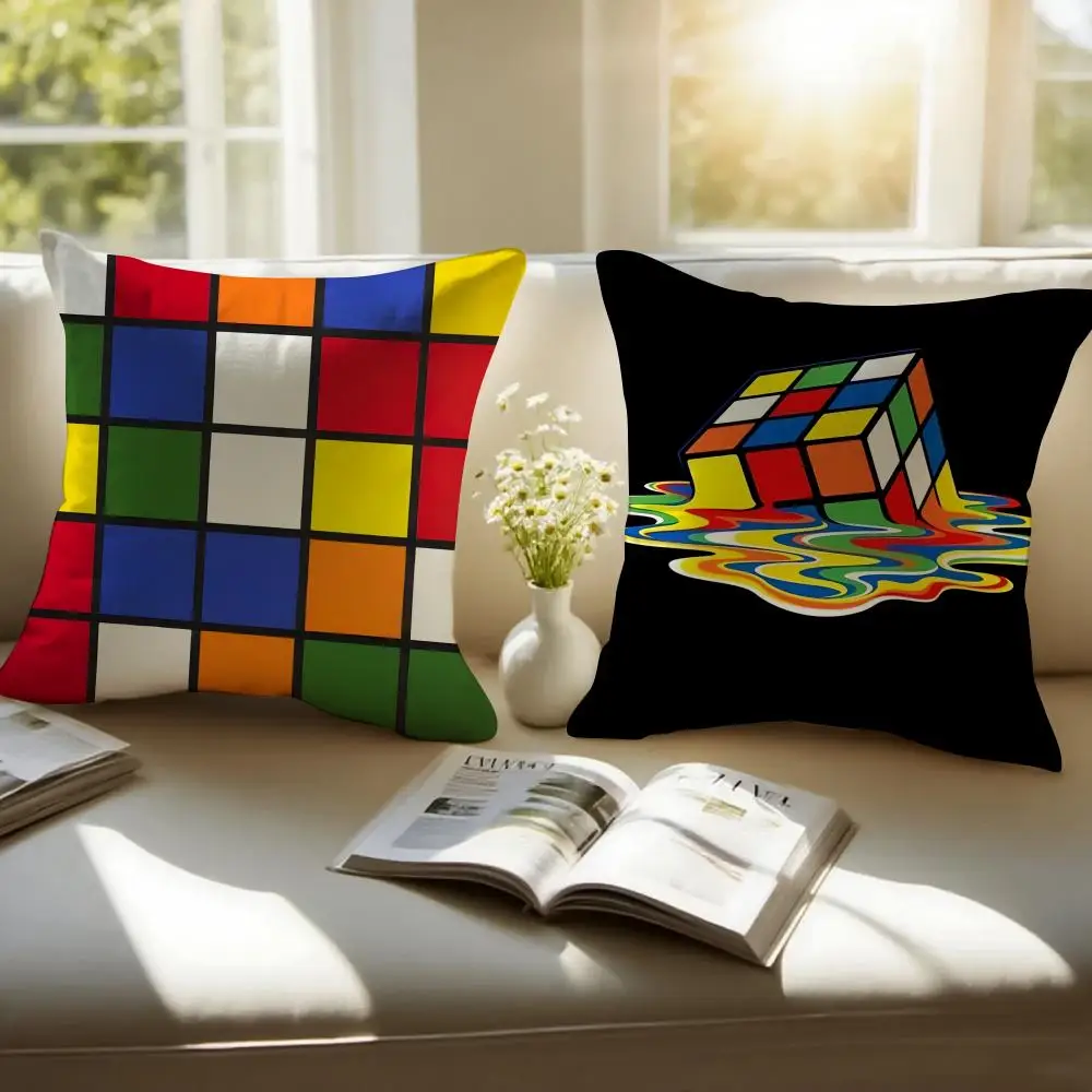 Creative Magic Cube Puzzle Design Art Cushion Cover Pillowcase Anti-dustmite Invisible Zipper Short Plush Sofa Cushion