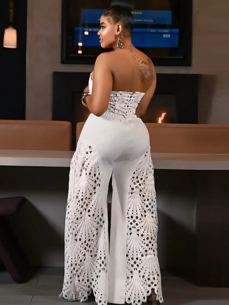 BWQ elegante ahueca hacia fuera el pecho de encaje Croset tubo superior y pantalones de piernas anchas conjunto de chándales de encaje para mujer conjunto Palazzo ropa Sexy para discoteca