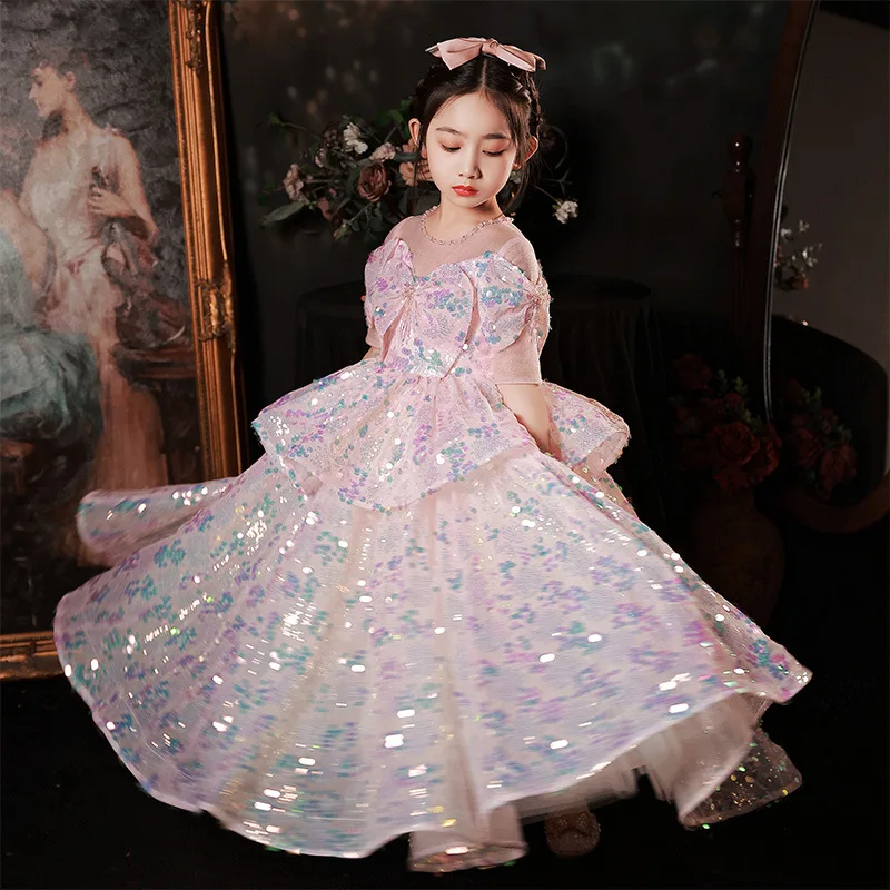 Girls First Communion Prom Dress Children Pageant Ball Gown Girl Wedding Sequins Dresses for Kids Piano Performance Vestidos