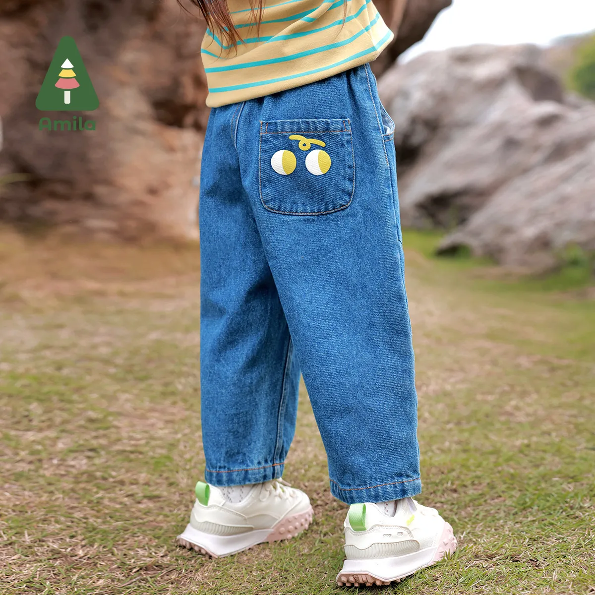 Amila Baby Pants 2024 Autumn New Girls High Quality Cotton Breathable Loose Casual Solid Color Versatile Children\'s Soft Jeans