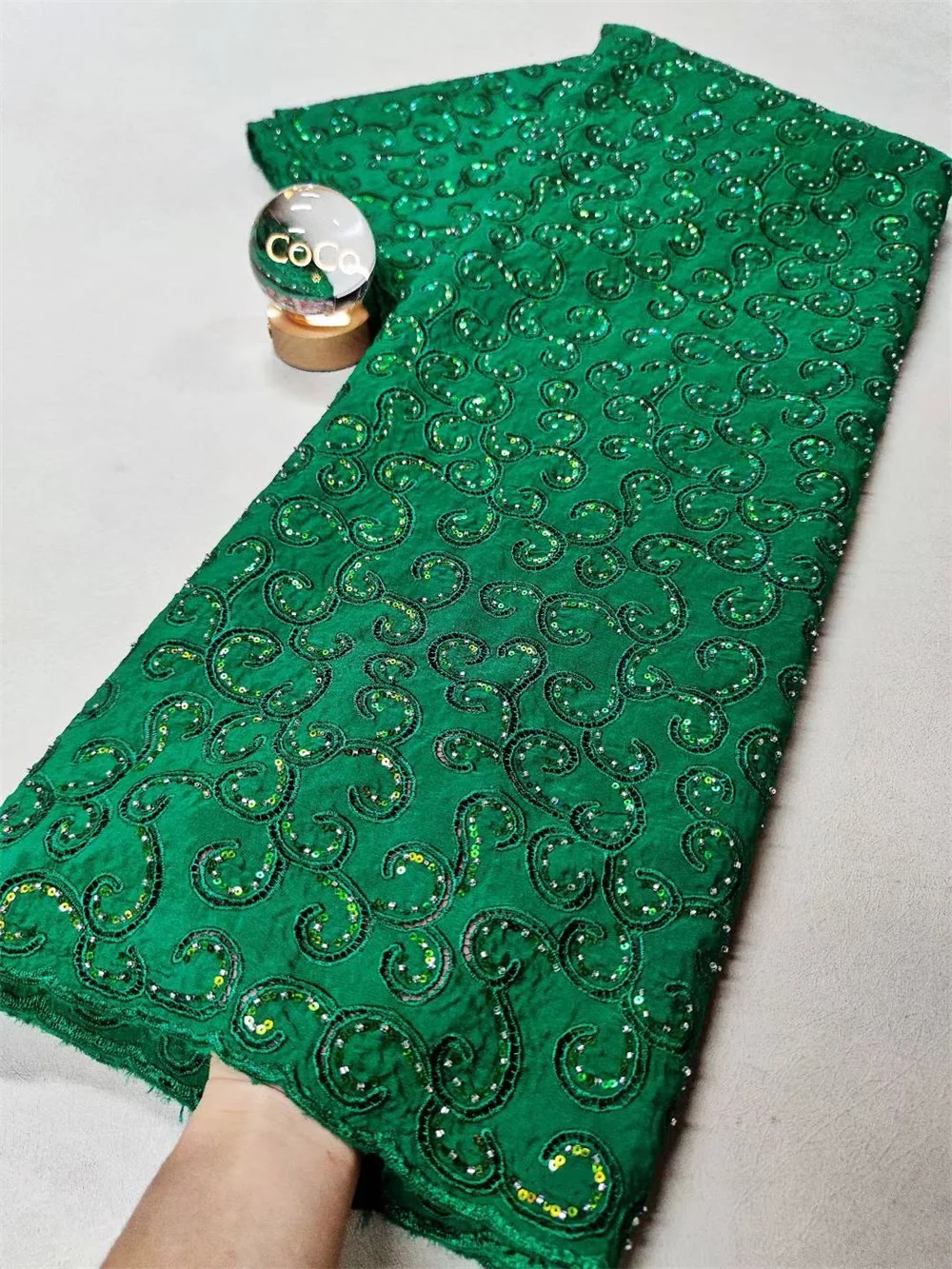 

2025 Luxury African Lace Fabric 5 Yard Green Chiffon Beaded Lace Fabric Embroidered Nigerian Fabric For Wedding Dress 5Y W676-1