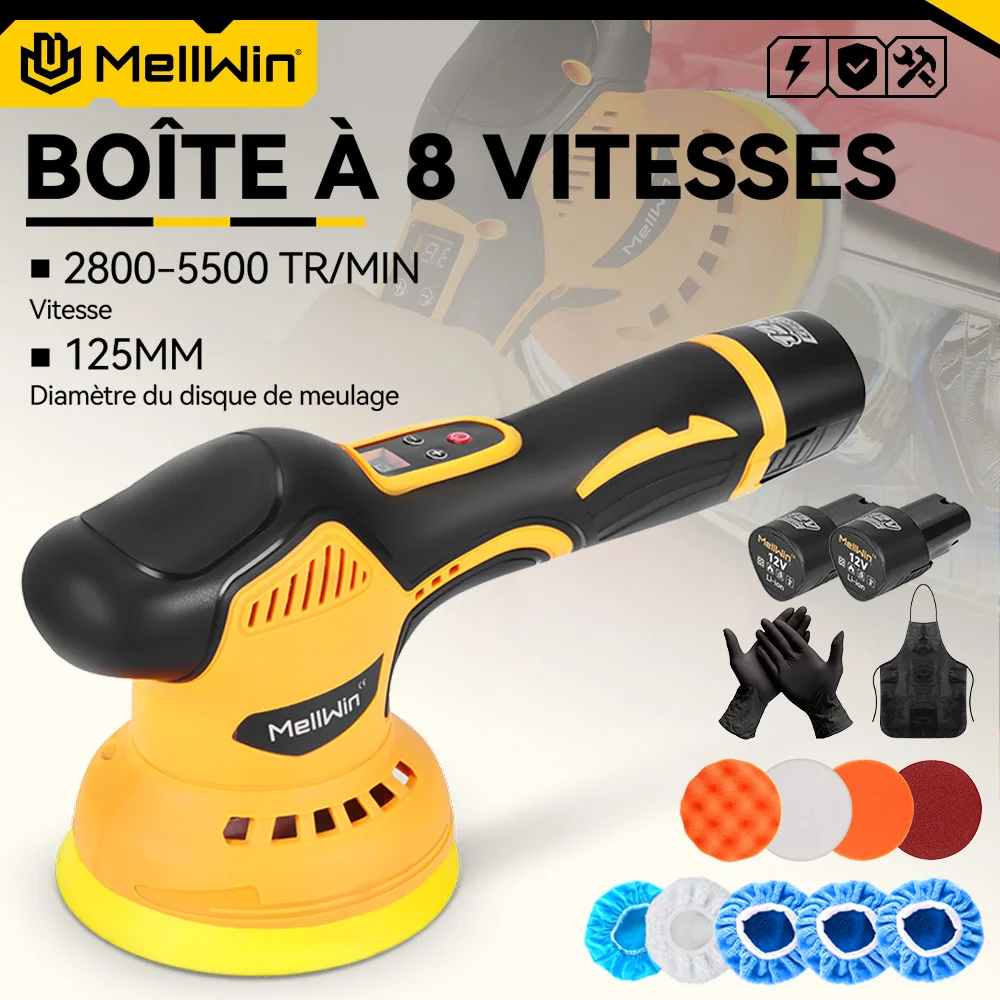 Polisseuse électrique sans fil MELLWIN 5500 tr/min, 8 réglages, outil de polissage et de ponçage sans fil pour voiture, compatible avec batterie 12V
