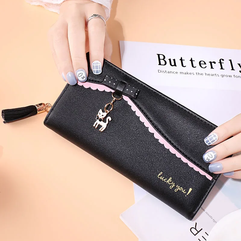 

Long Wallet Purses for Women Lace Slim Wallets Female Cat Pendant Clutch Bag Girls Cute Coin Credit Card Holder Cartera 카드지갑