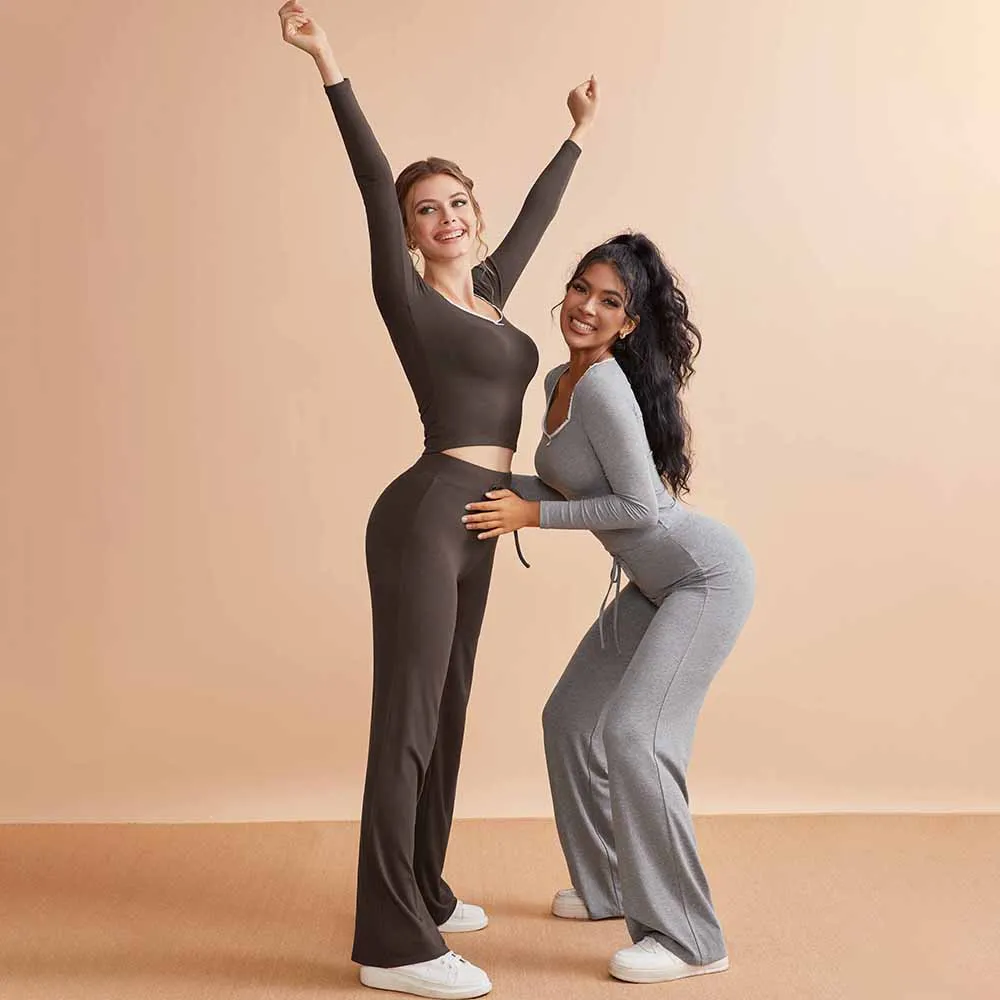 Ensemble de salon en dentelle pour femmes, col carré, manches longues, hauts, pantalons à jambes larges, ensembles de maison, automne, ensemble 2 pièces, tenues, survêtements féminins