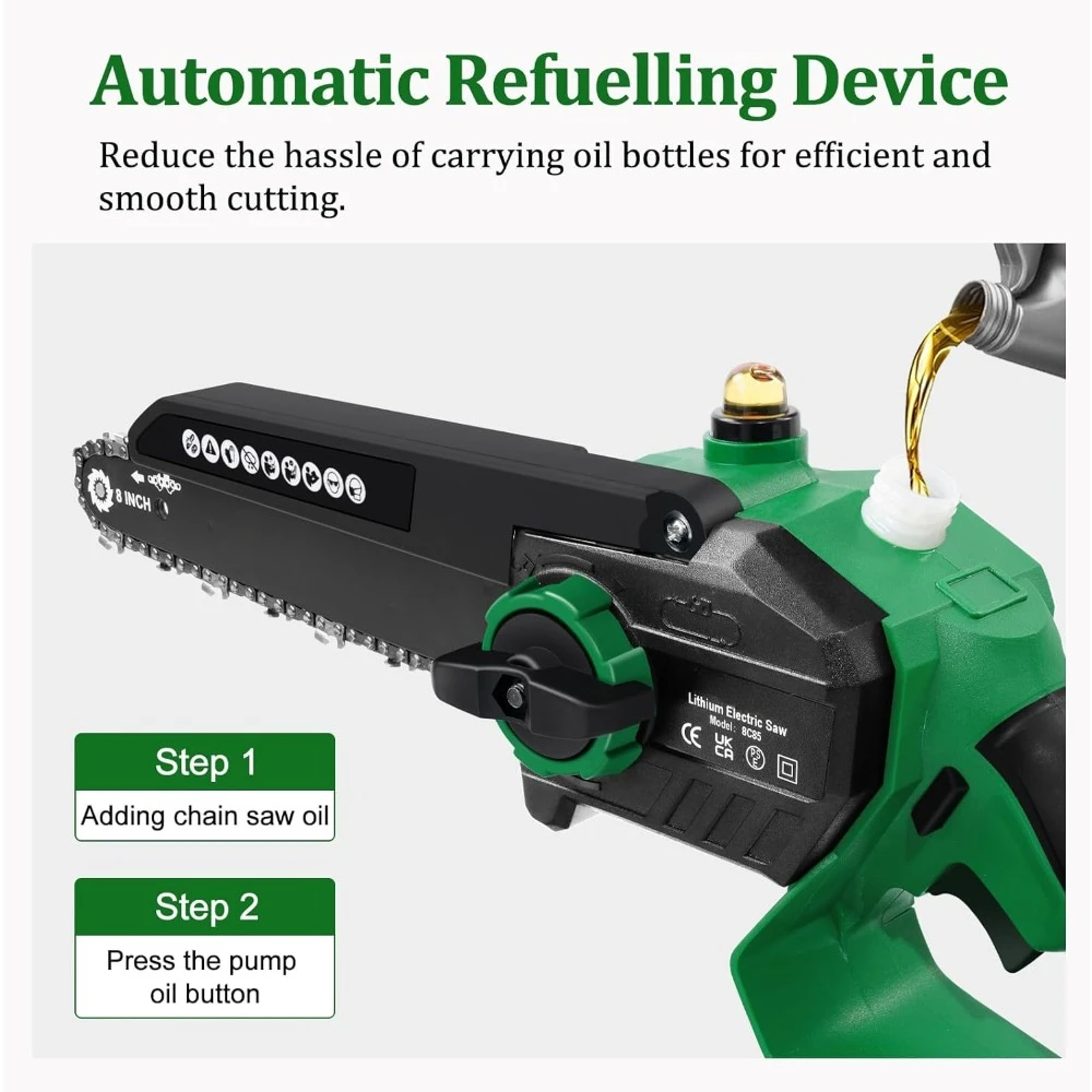 Mini Chainsaw 8 Inch cordless hand-held with 2*21V 4000mAh Battery, Automatic Chain Lubrication, Battery Level Display