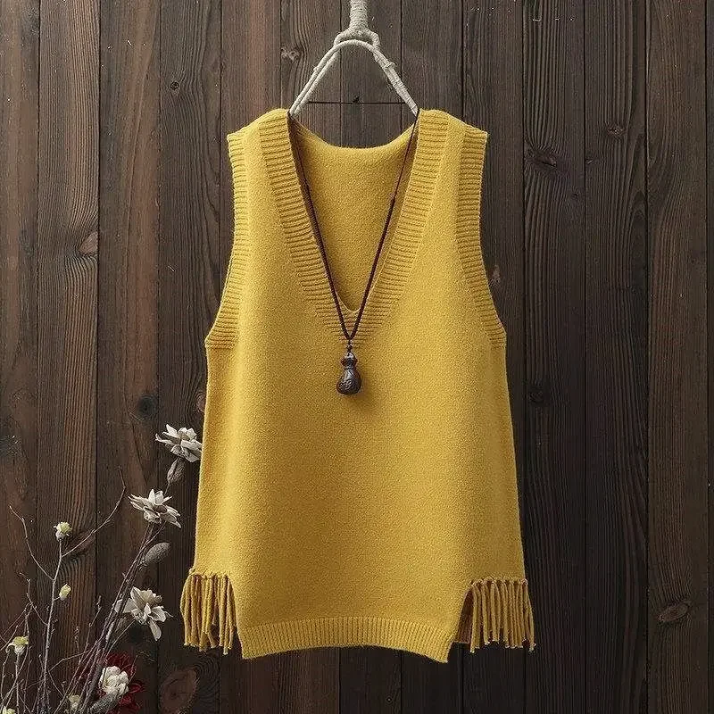 

Woman Jacket Vest Spring V-neck Women's Short Knitted Tassel Vest Chaleco Mujer