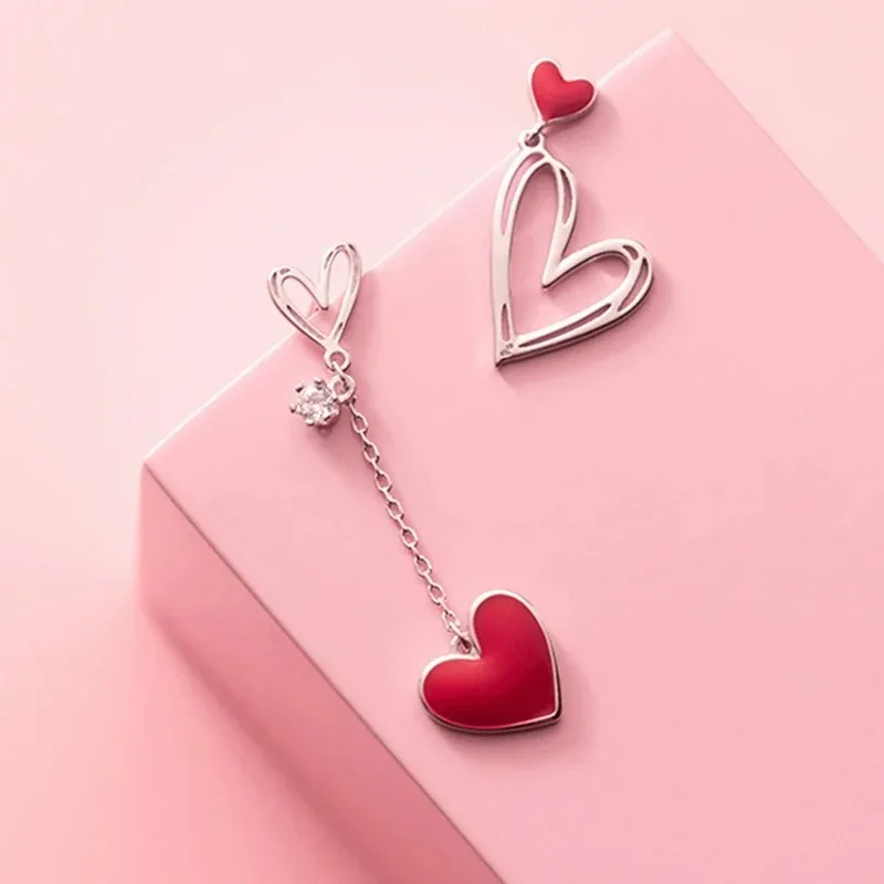 

Exquisite Korean Asymmetric Red Heart Stud Earrings for Women Creative Hollow ECG Tassel Zircon Pearl Earrings Girl Jewelry Gift
