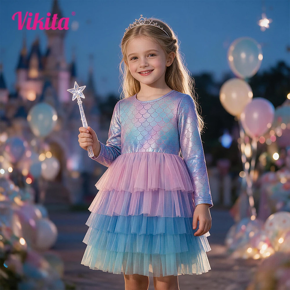 VIKITA Girl Sparkly Mermaid Sequins Tutu Dress Kids Long Sleeve Ombre Gradient Purple Blue Tulle Layered Princess Party Costumes
