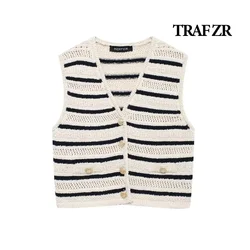 TRAF ZR Striped Vests for Women 2024 Summer Ladies Tops Sleeveless Waistcoat Women Vintage Women's Fashion Vests Knit Vest