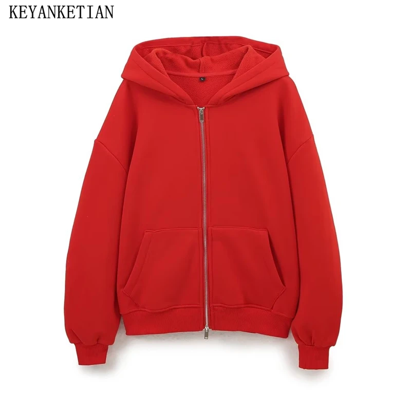 KEYANKETIAN 2024 Autumn/Winter New Women Solid color Fleece Hoodies Blazer High Street Oversize Zipper Front Pocket Sweatshirts