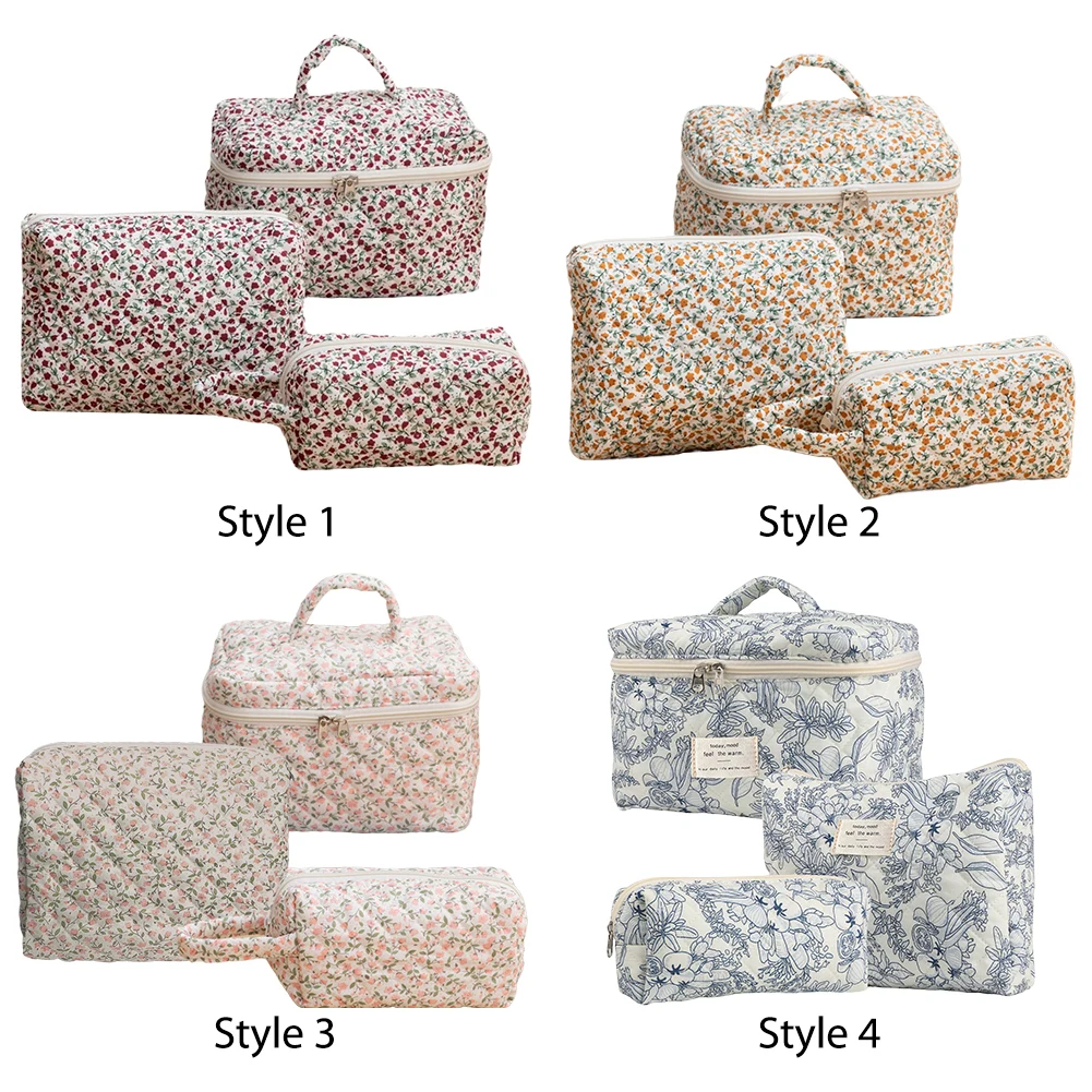 3개 꽃무늬 화장품 가방, 코튼 퀼팅 메이크업 정리 수납 가방, 여성 및 소녀용 지퍼가 달린 대용량 스킨케어 가방