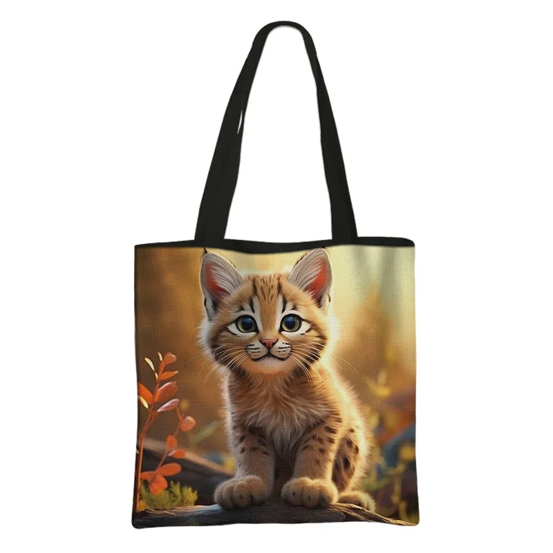 Cartoon Bobcat Print Tote Bag Cute Wild Lynx Cat Women Handbag Large Capacity Storage Bags Reusable Shopping Bag Grocery Bags