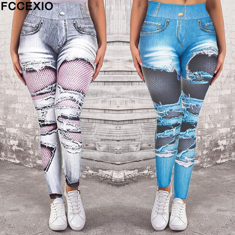 FCCEXIO Denim Stitching Print Women Sports Leggings High Waist Running Sexy Tight Fitness Workout Yoga Gym Push Up Pants New