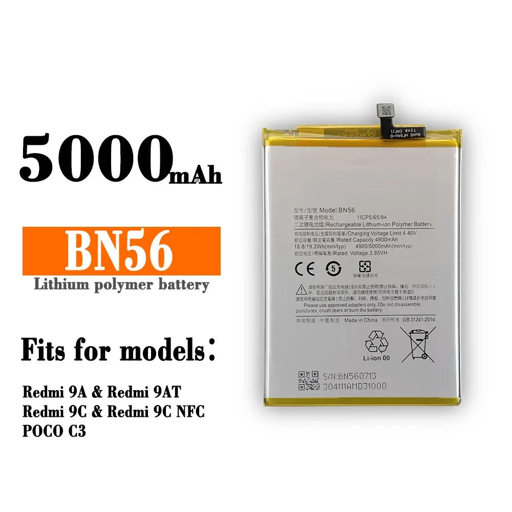 BN56 5000mAh Mobile Phone Battery For Xiaomi POCO C3 Pro Redmi 9A 9C 9AT 9C NFC Replacement Batteries Bateria